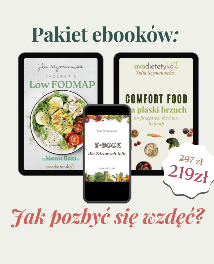 grafika pakietu 3 ebooków Avodietetyka dla Zdrowych Jelit Comfort Food i jadłospis LowFodmap